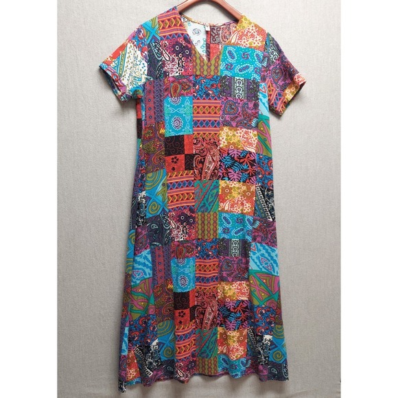 MISSLOOK Dresses & Skirts - Patchwork Print Maxi Dress Womens XL Boho Festival Colorful Paisley V Neck Indie
